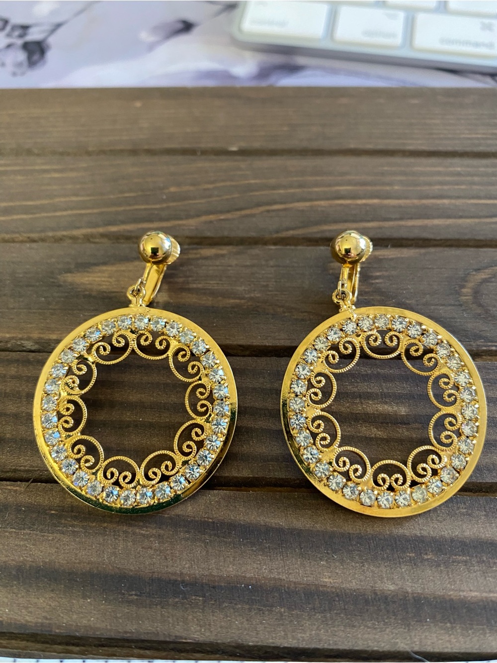 Vintage Gold Tone Rhinestone Filigree Clip-On Earrings Open Circle Drop Dangle